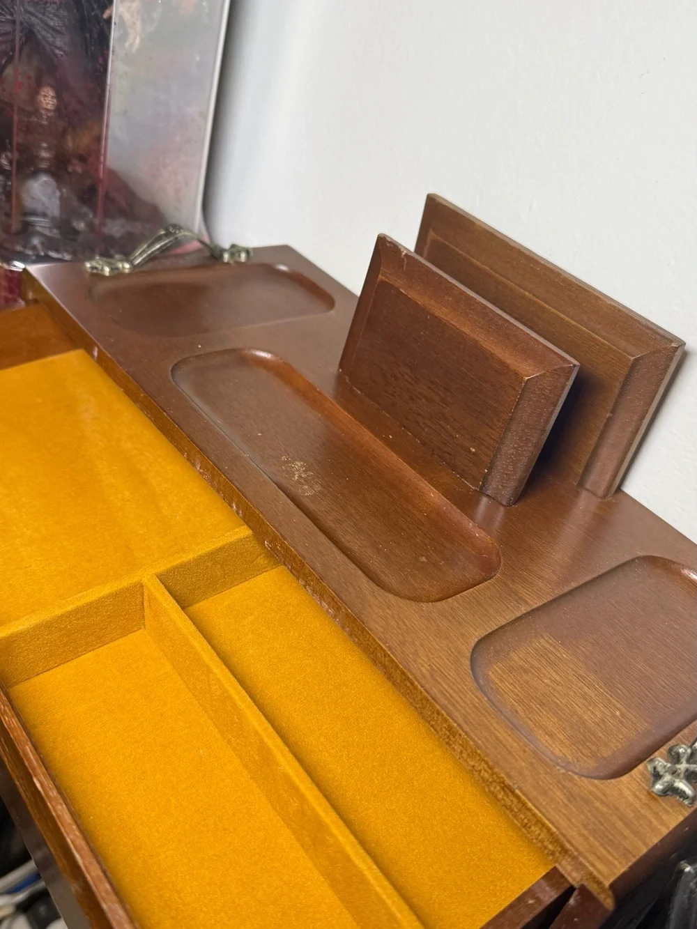 Vintage 1970s London Leather Wooden Valet Jewelry Box & Desk Organizer